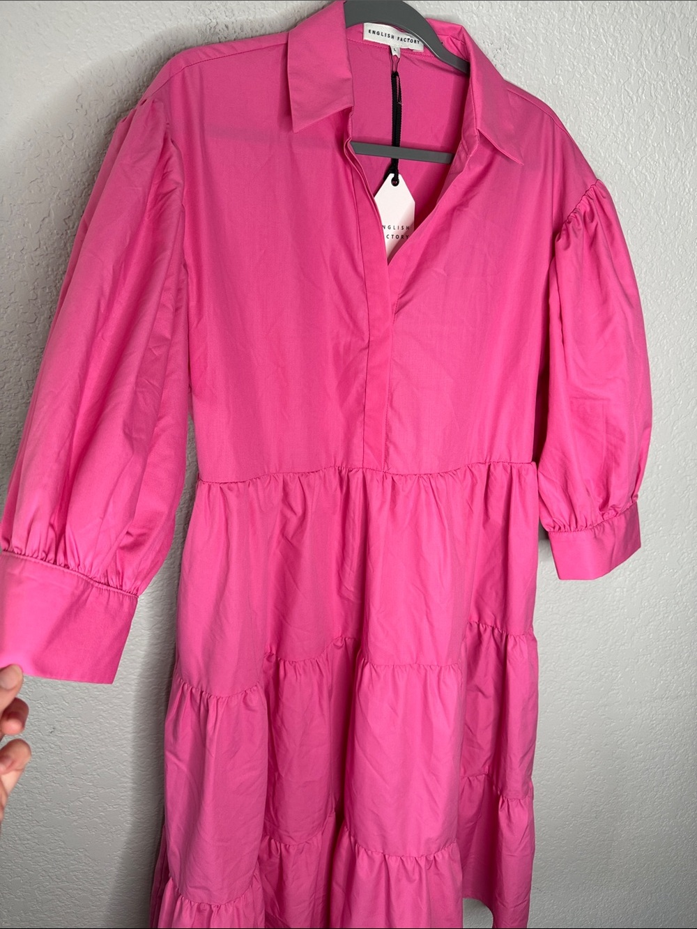 NWT English Factory Balloon Sleeve Pink Tiered Midi Shirt Dress Large Buttons - Picture 4 of 8
